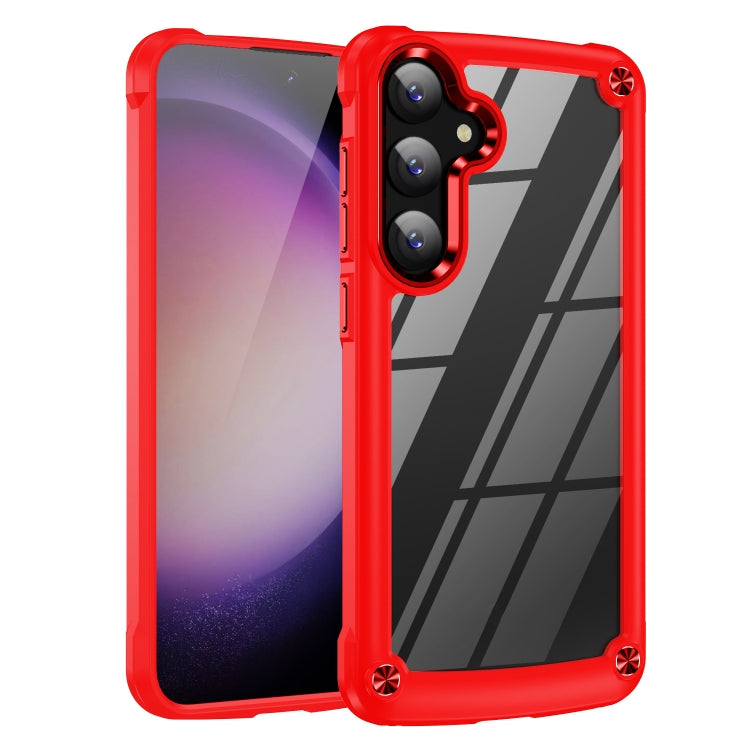 Red TPU + PC lens protection phone case for Samsung Galaxy S24 5G, showcasing its durable design and electroplated alloy frame.